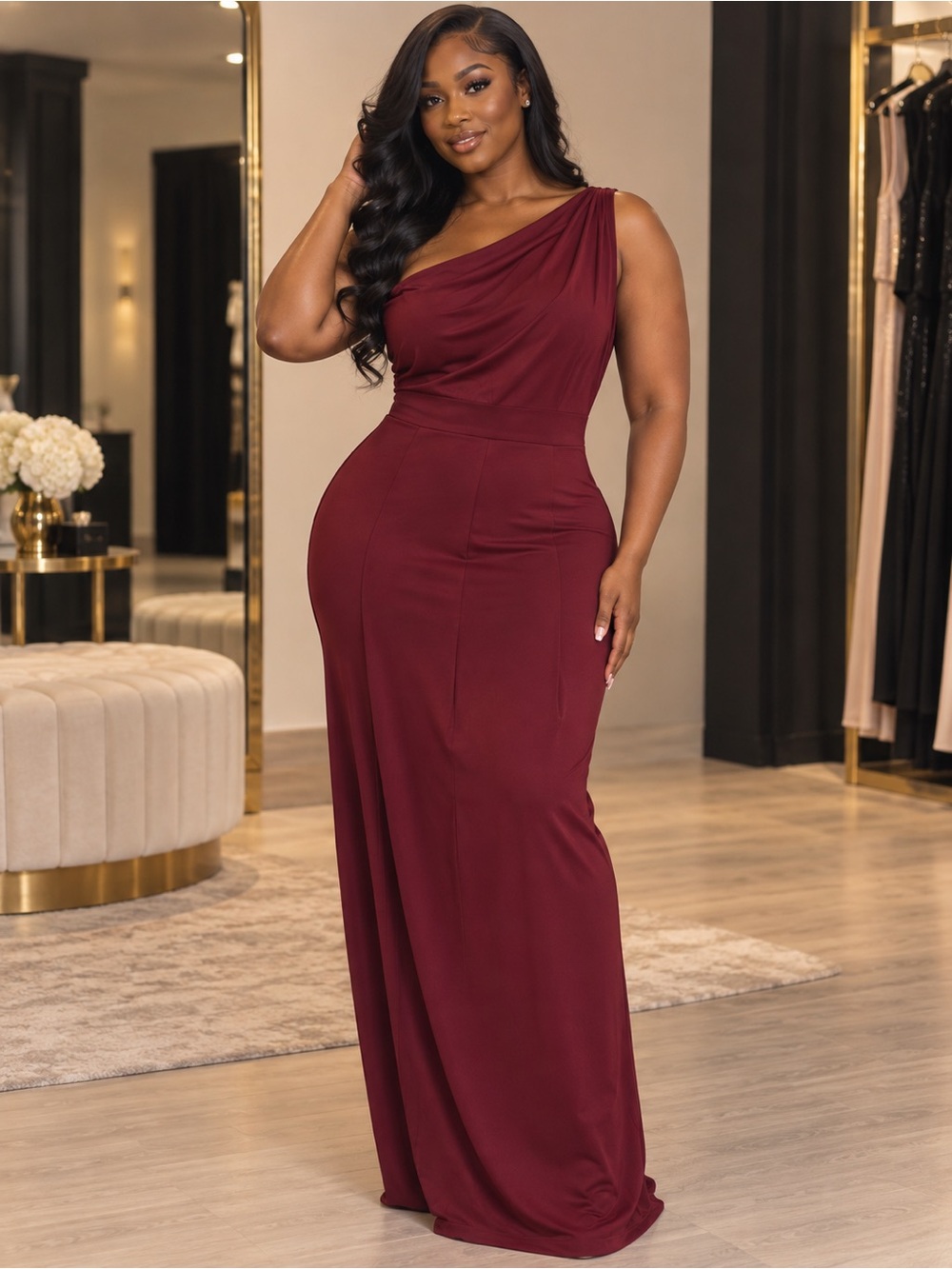One-Shoulder Burgundy Evening Gown